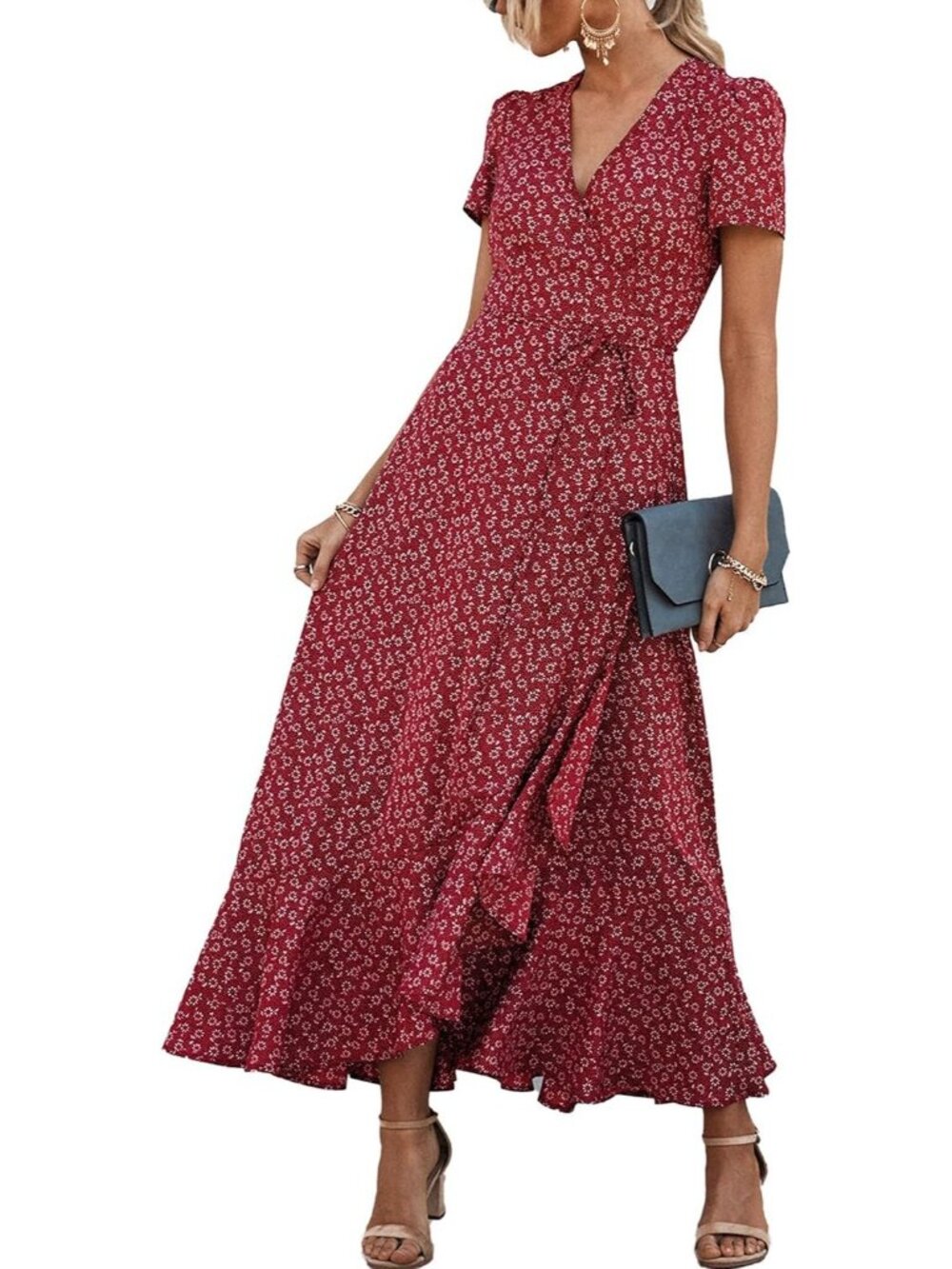 Women's Red V Neck Casual Short Sleeve Pull On Self Tie Zipper Maxi Dresses